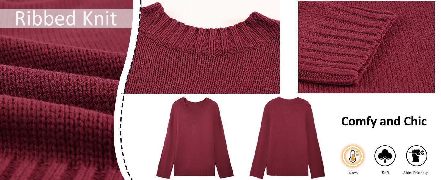 Imily Bela Womens Loose Sweaters Sexy V Neck Long Sleeve Solid Knitted Jumper Pullover Sweatshirt Tops