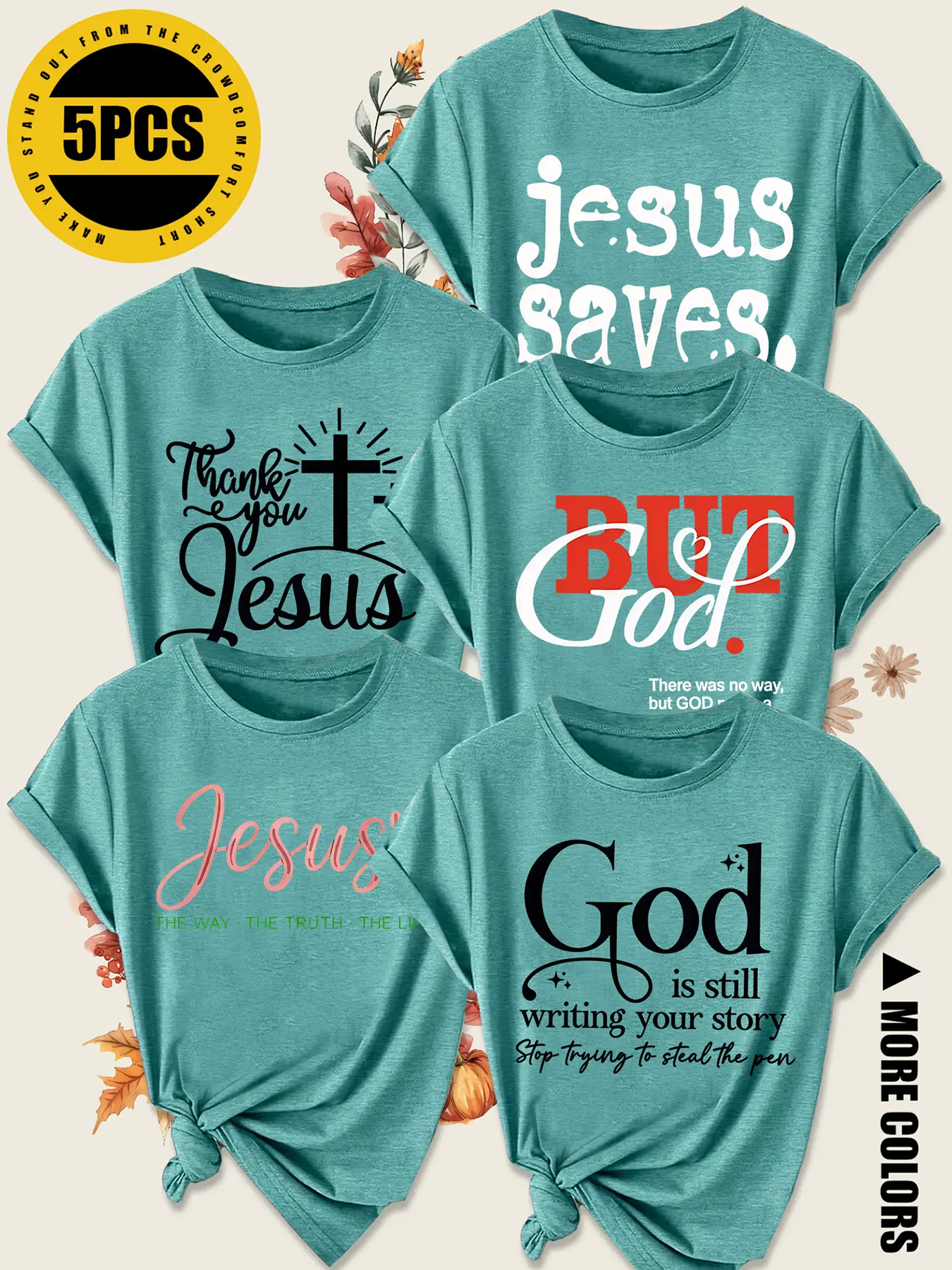 5Pcs Women Crew Neck T-Shirt, Jesus Cross Religious Faith Text Print, Multi-color Available, Machine Washable, Soft Skin-friendly Spring Summer Daily Stylish Top