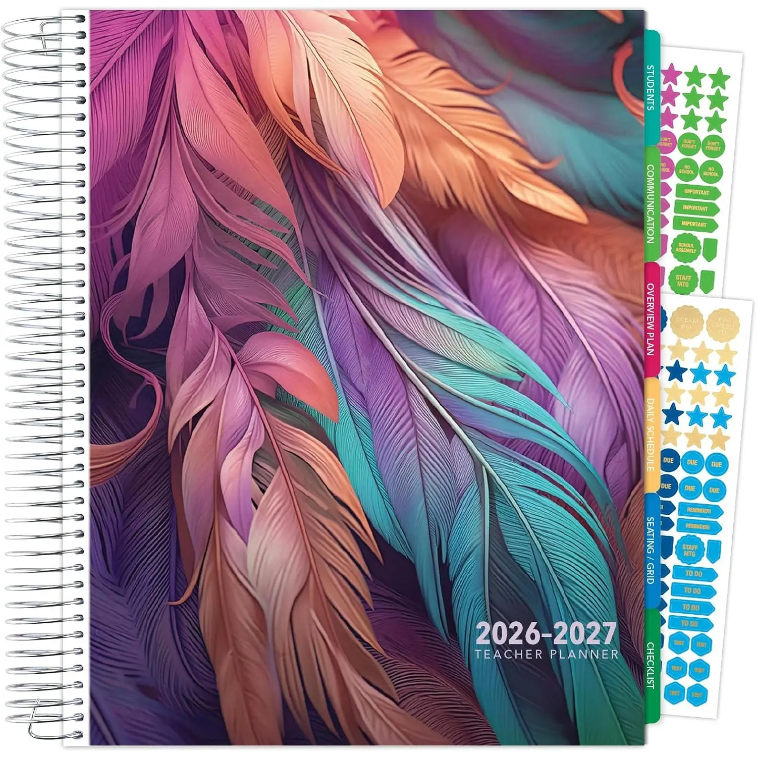 DELUXE TEACHER PLANNER Aug 2026-Jul 2027 8.5x11 Daily Weekly Monthly Organizers with 7 Periods, Pocket Folder, Dated Calendar, Page Tabs, Bookmark and Planning Stickers (Pastel Peacock)