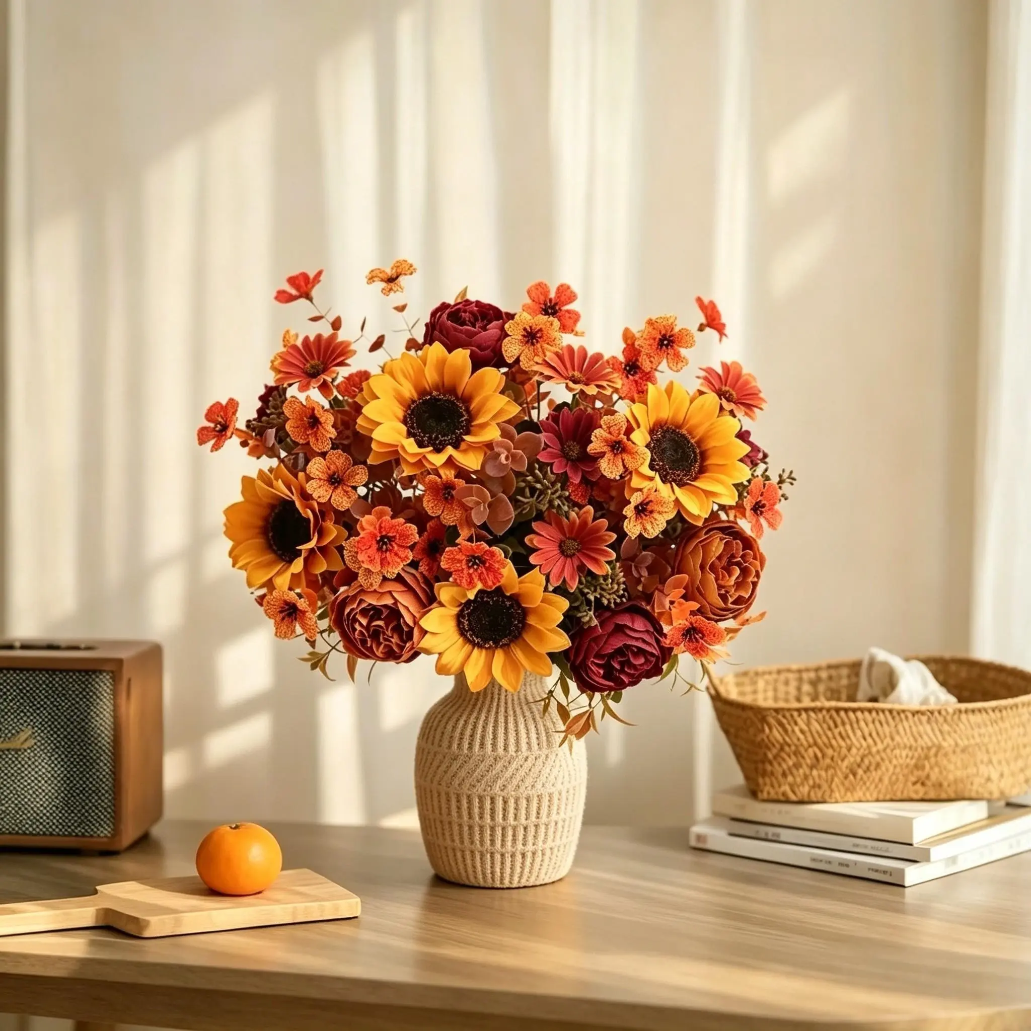 4PCS / 8PCS Realistic Artificial Mixed Flower Bouquet, 12.6 Inch Fall Peony & Sunflower, Wedding Home Decor, Bendable Wire Stems, Indoor Outdoor Centerpiece