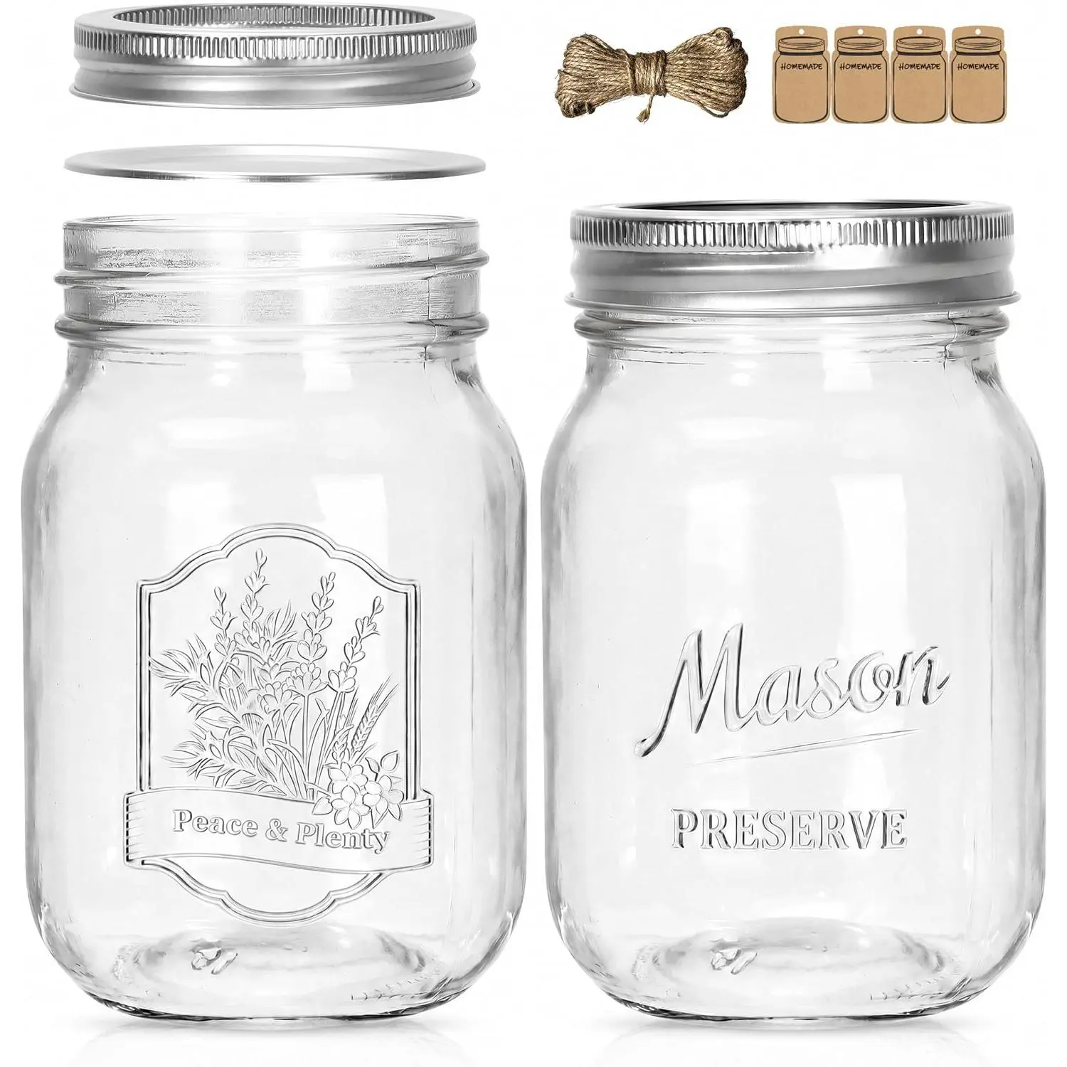 Mason Jars 16 oz, 2 Pack Embossed Glass Jars with  Split , Decorative Canning Jars for Overnight Oats, Pickles, Pantry Storage and Gifts