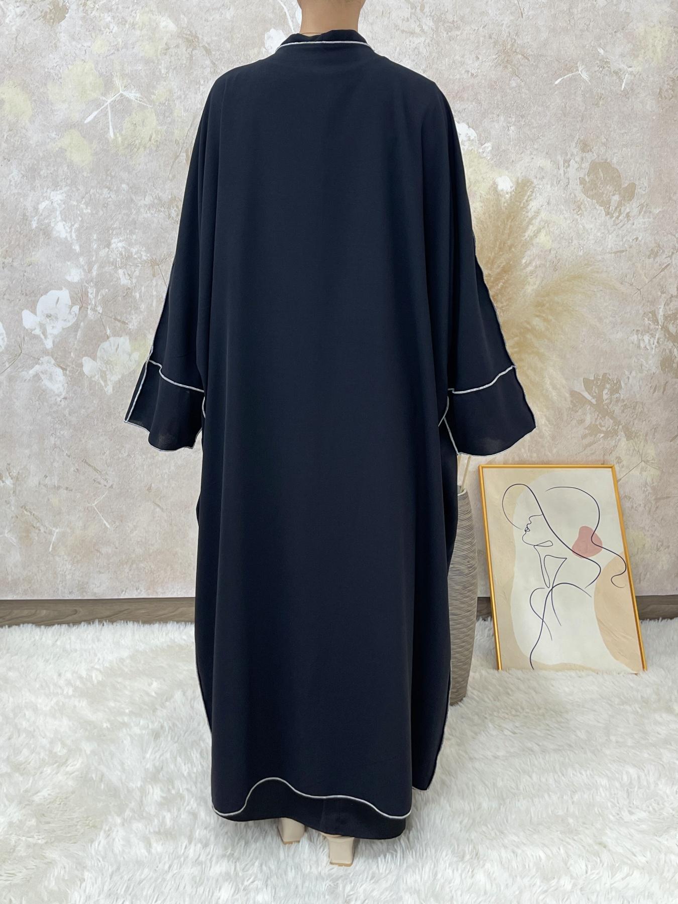 Arabic Clothing-Solid Contrast Binding Belted Abaya With Hijab Without Inner Dress, Modest Batwing Sleeve Open Front Abaya, Summer Outfits 2024, Women's Islamic Clothing for Spring & Fall, Dressy Abayas