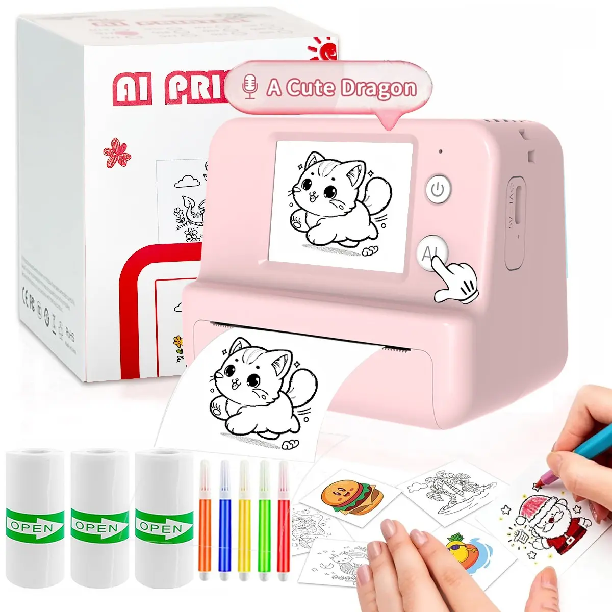 Ai Voice Sticker Printer with Display, Smart Mini Printer for Learning Notes, Photos, Home, School, Office, DIY Art, Coloring, Gifts, Inkless Sticker Printer