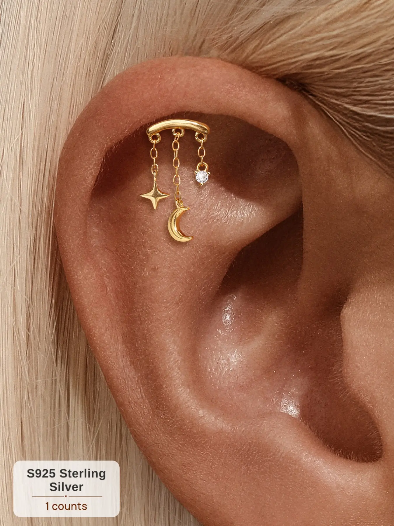 18K Gold Plated S925 Sterling Silver Dreamy Celestial Star Moon CZ Dangle Chain Threaded Flat Back Cartilage Earring, Hypoallergenic for Sensitive Ears Helix Conch Tragus Piercing Luxury Ear Stack Jewelry Gift for Her