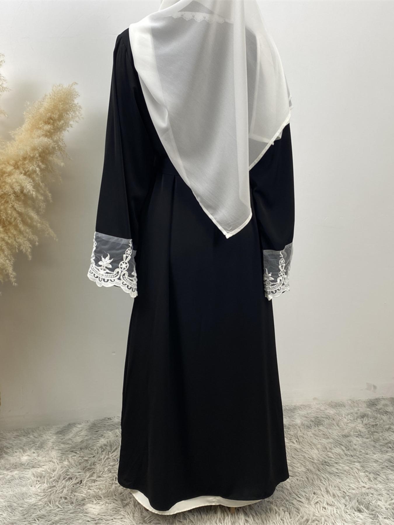Women's Contrast Lace Belted, Elegant Long Sleeve Open Front Abaya Modesty Abaya for Party Holiday Vacation, Ladies Islamic Clothing for All Seasons