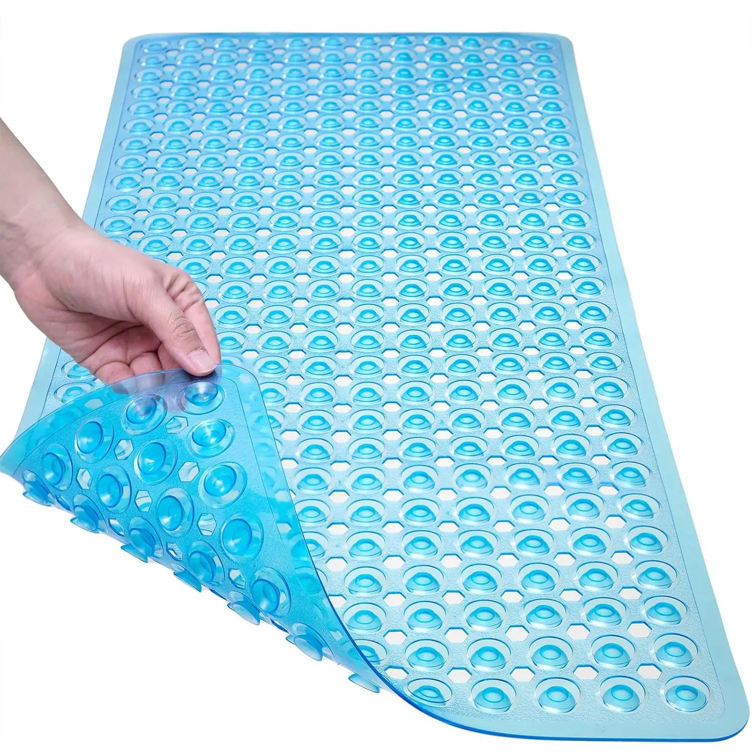 Bath Mat for Tub & Shower, Non Slip Soft Bathmat with Suction Cups & Drain Holes, Machine Washable Bathtub Floor Liner Mats for Bathroom, 35x16 Inch, Clear Blue