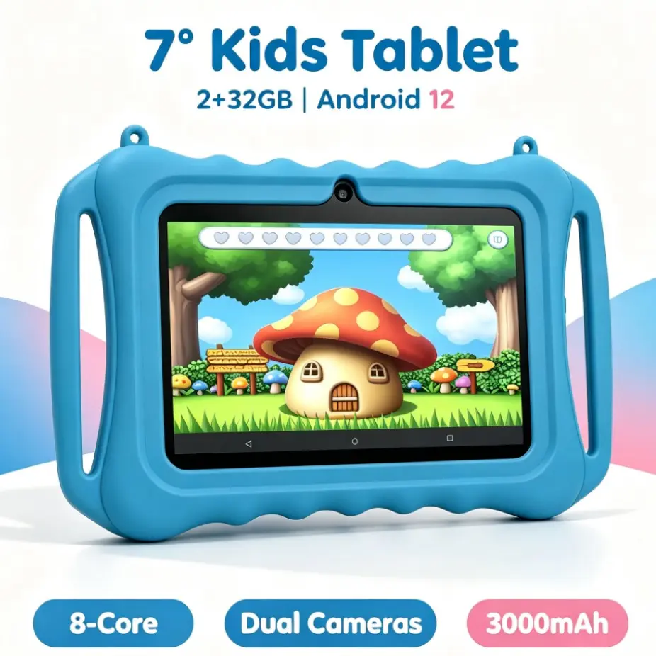 7-Inch Kids Tablet with Handle, Eye Protection Screen, Blue/, Long Battery Life, Silicone Case, Ideal Gift for Children