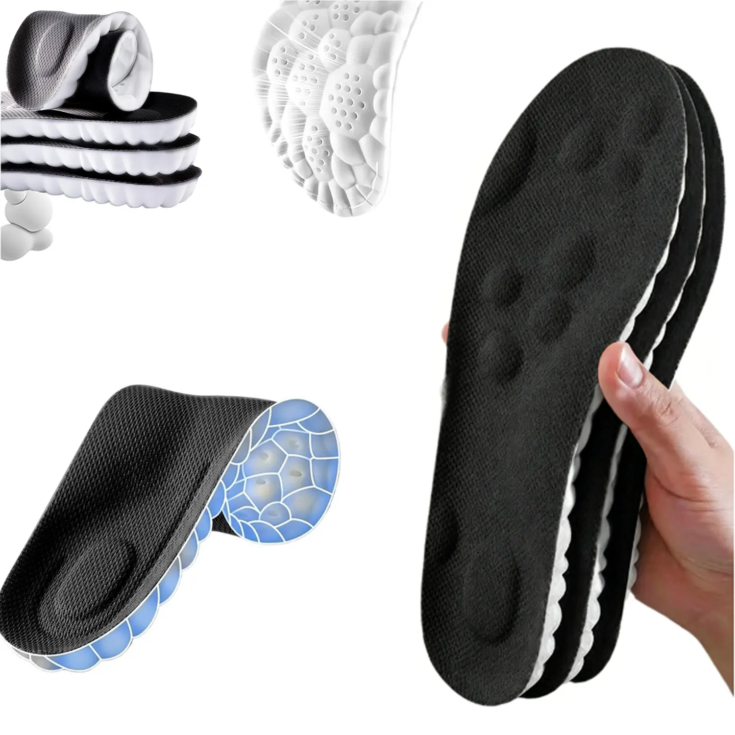 Unisex 4D Massage Flexible High-Elastic PU Full-Length Shoe Insoles - Shock-Absorbing, Breathable Sports Shoe Accessories for Running, Gym Support, Deodorizing Cushion Inserts for Hiking Footwear, Flexible High-Elastic Pu Material