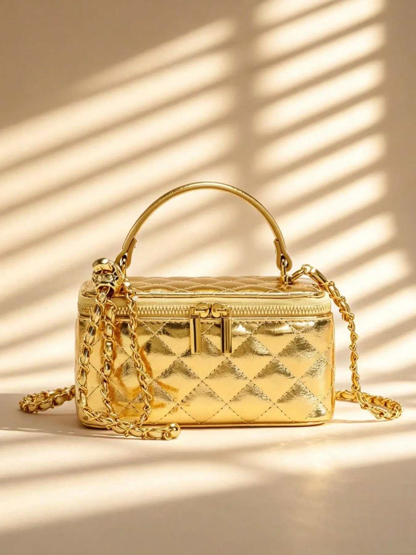 Metallic Gold Mini Makeup Bag, Women's Crossbody Handbag, Crossbody Purse, Adjustable Gold Chain, Square Shoulder Bag, Party/dating/night Out, Synthetic Leather