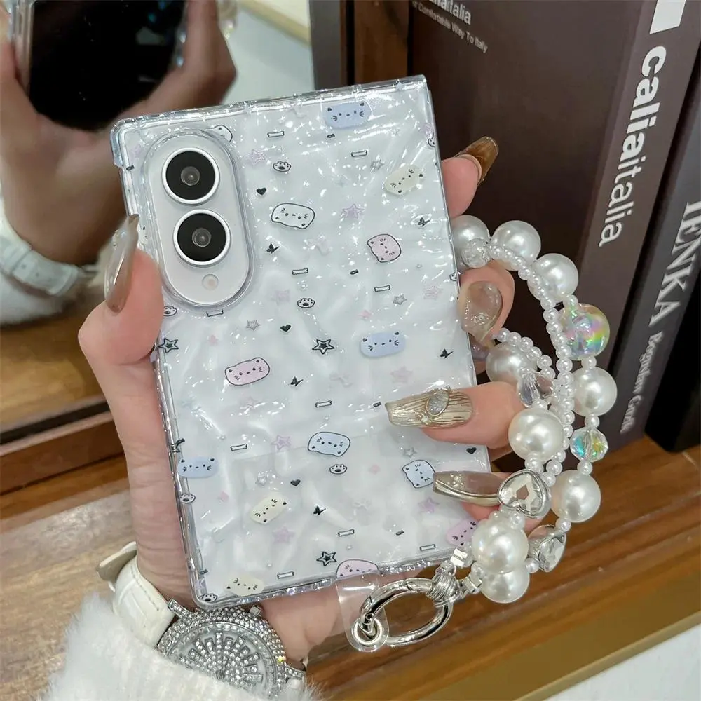 Korean Cute Star Kitten Phone case for Samsung Galaxy Z Fold 8 Fold 7 Fold 6 7 8 Ultra  Cover with Chain Fashion Shockproof cove