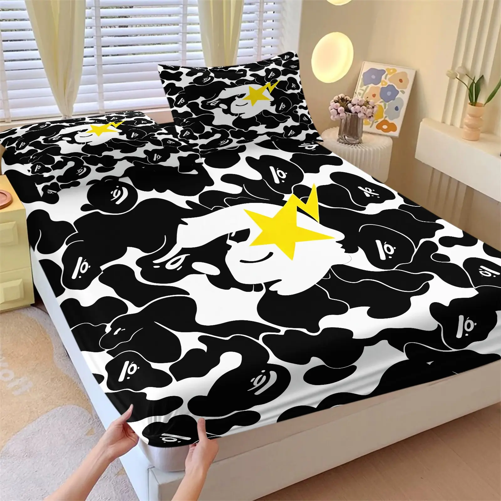 Black White Camo White Cartoon Ape Print Fitted Sheet Bedding Set (1 Fitted Sheet + 2 Pillowcases), Monochrome Camouflage Monkey Pattern, Soft Breathable Microfiber Deep Pocket Elastic Sheet, Teen Hip Hop Bedroom Dorm Bedding