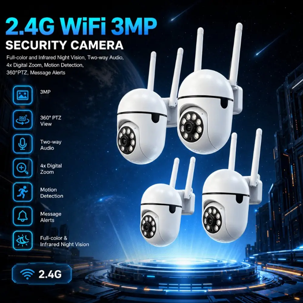 Full Home Security Camera Set of 4, 1080P HD Color Night Vision Ptz Cameras, Multi-Room Monitoring, Two-Way Audio, Supports 128GB Memory Card