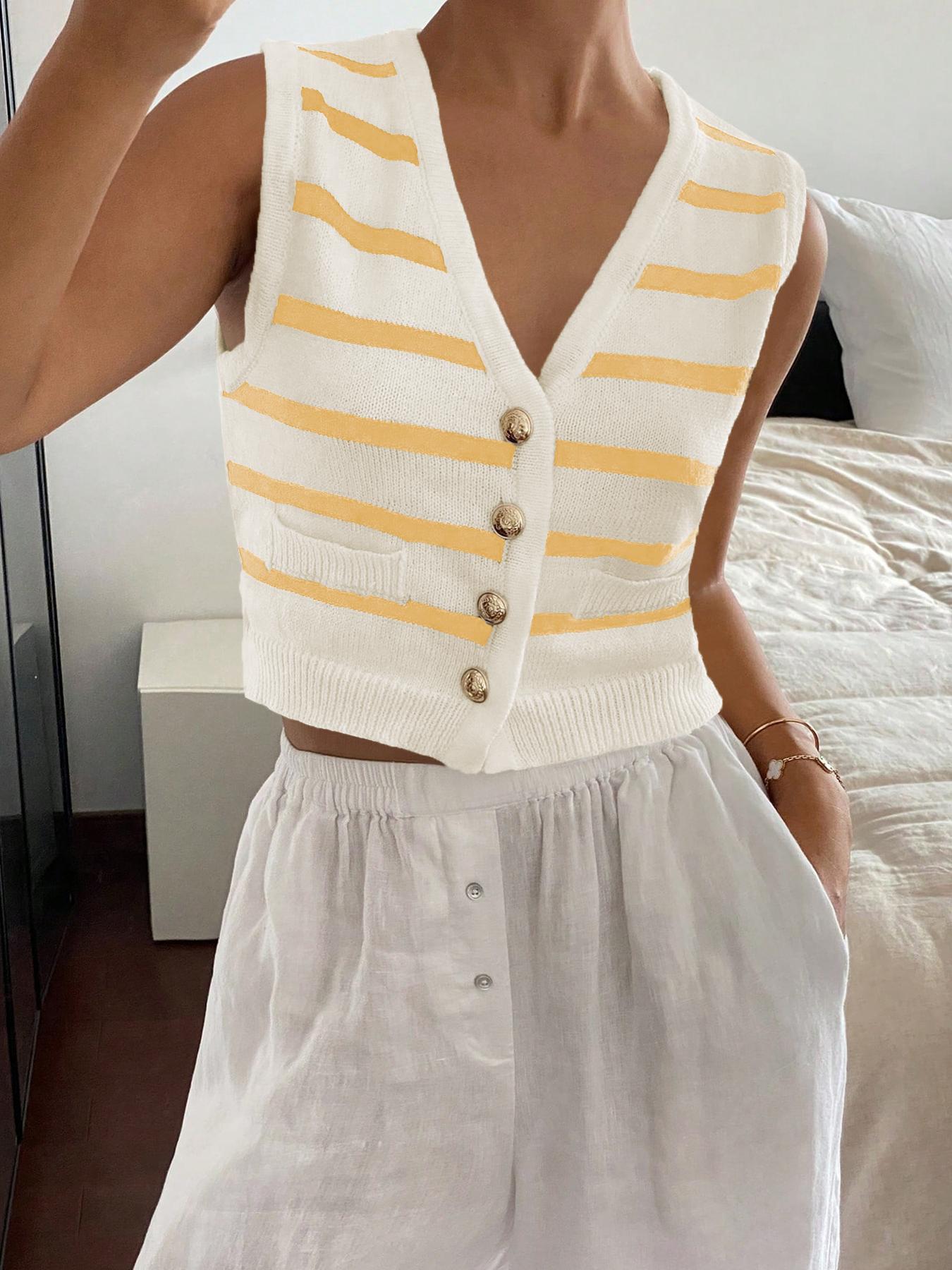 Women's Striped Print Button Front V Neck Crop Sweater Vest, Casual Sleeveless Knit Top for Spring & Fall, Fashion Women's Knitwear for Daily Wear