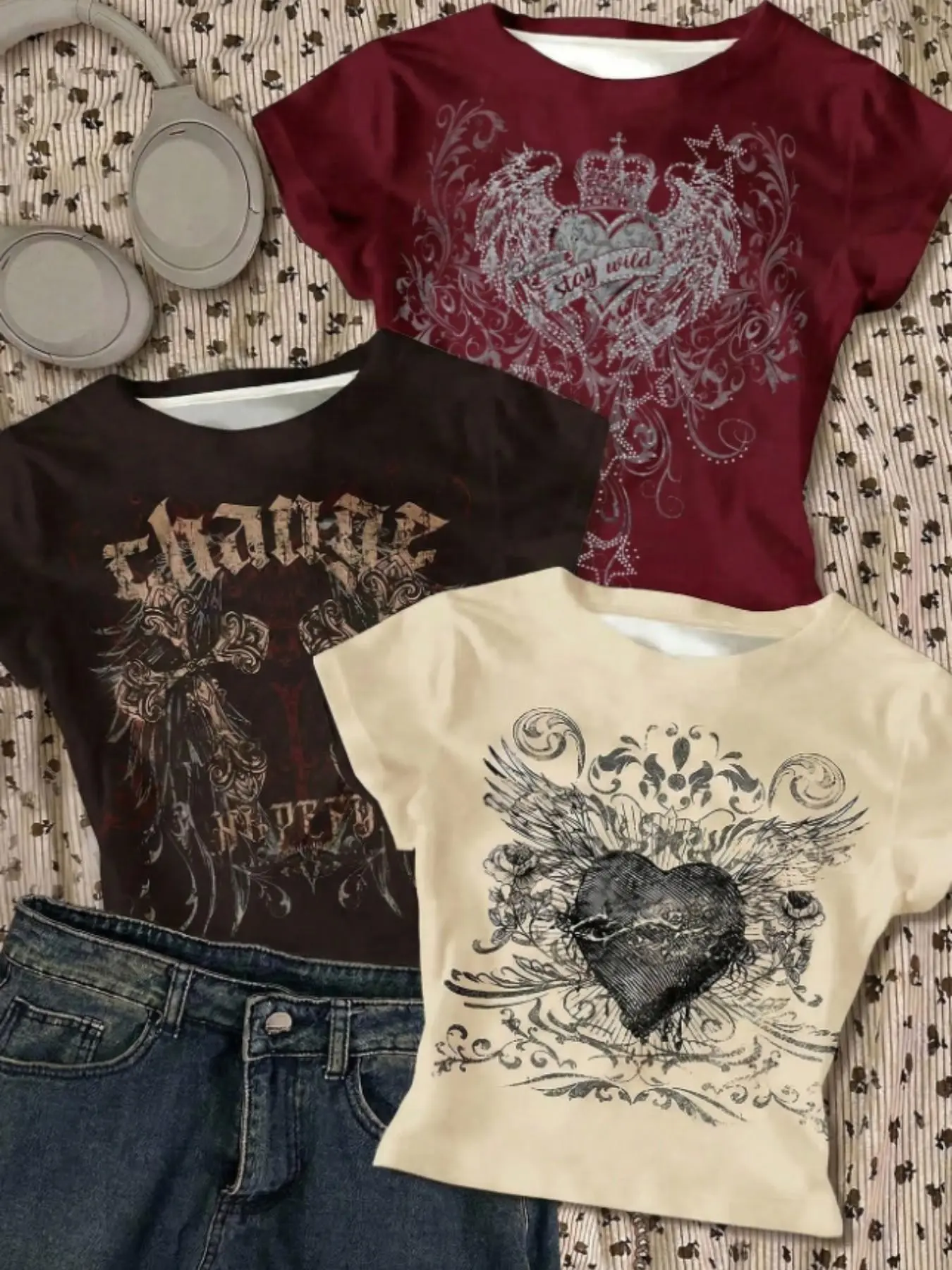 3-Piece Girl Y2K Gothic Short Sleeve T-Shirt Set, Vintage Heart Wing Print, Stretchy Breathable Top, Casual Streetwear for Kids, Heart Print Tee