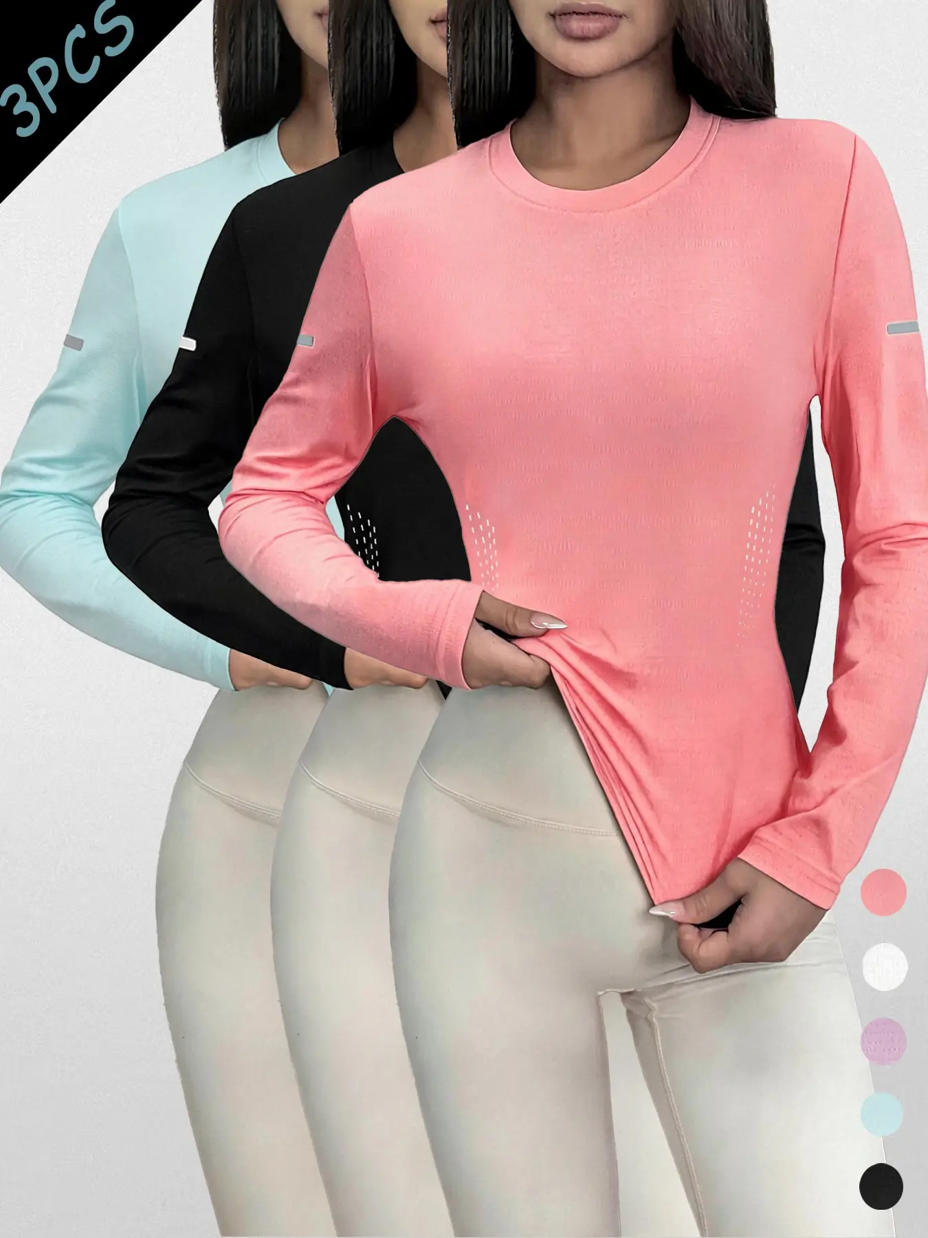 Women's Reflective Dot Long Sleeve Fitness T-Shirt, Arm Reflective Stripes, Round Neck, Breathable Quick-Dry, Outdoor Running Casual Sport Top