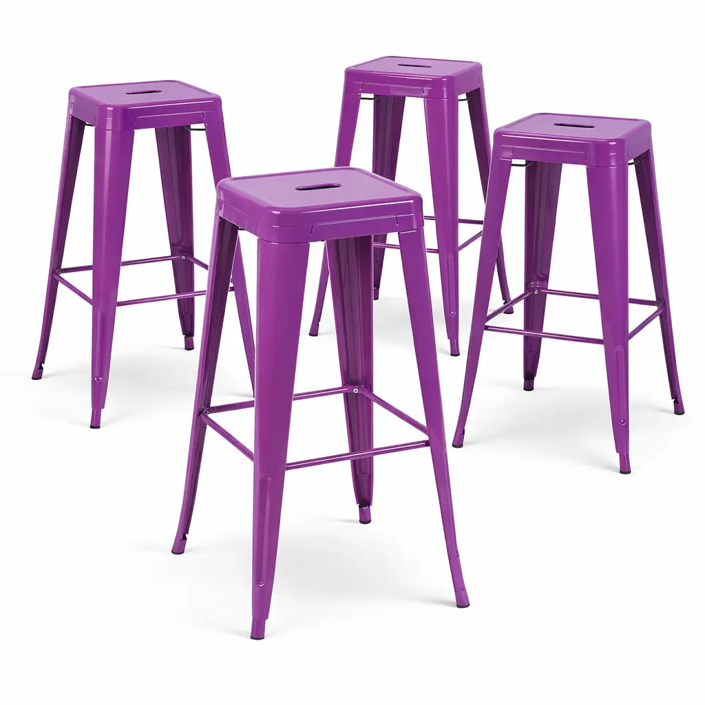 Enchanting Purple Metal Bar Stools Set of 4, 30 Inch Aesthetic Bar Height Stools, Unique One-Piece Steel Chairs for Trendy Cafe & Club, Colorful Industrial Stackable Barstools