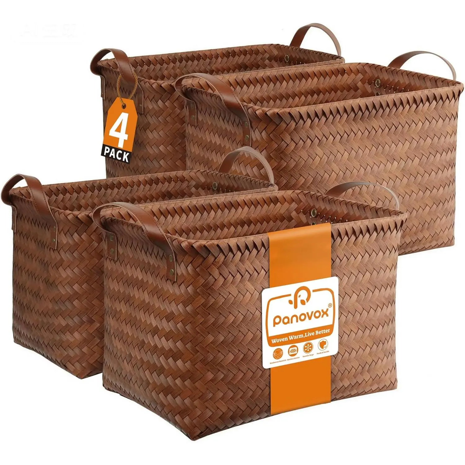 Hand Woven Baskets for Storage, 4Pcs Water-Resistant Wicker Baskets, Brown Wicker Storage Baskets for Shelves, Large Basket with Handle for Organizing, Clothes, Laundry, Blanket - Rectangular