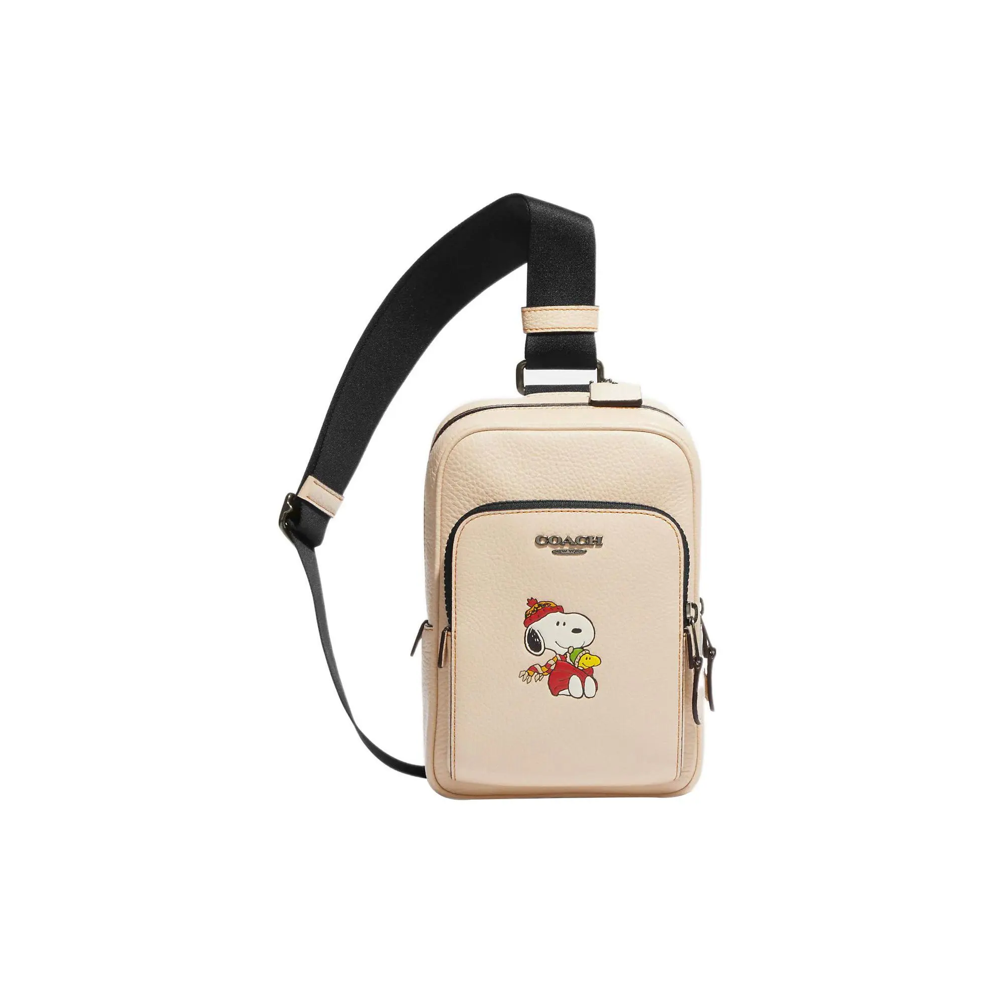 COACH x Peanuts Snoopy Track 13 Zip-Top Crossbody Bag for Men, Pebbled Leather, Minimalist Style, Ivory