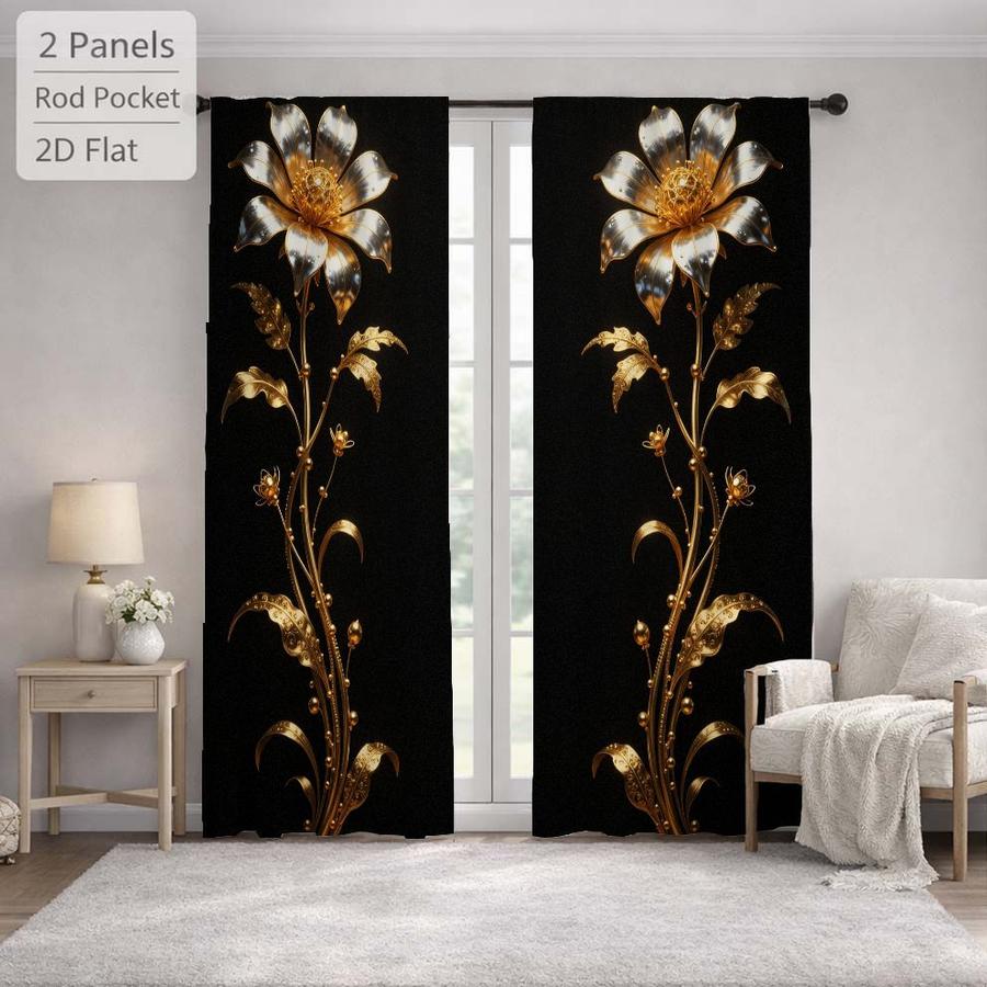 2Pcs Luxury Golden Flower Pattern Vintage Floral Sun Blocking Curtains Digital Printed Rod Pocket, Window Treatment For Bedroom Office Kitchen Living Room Study Home Decor