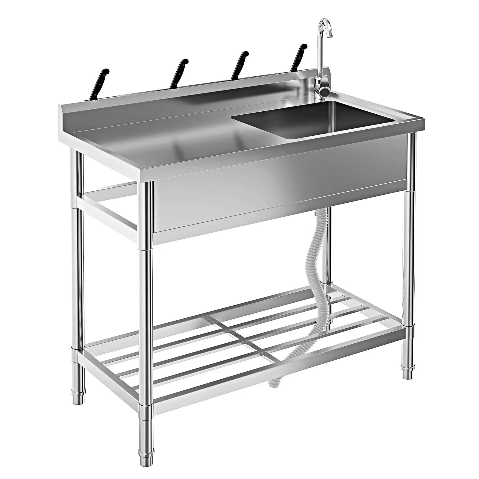 Freestanding Commercial Sink,  Stainless Steel Utility Sink, Single Bowl Kitchen Sink with Faucet, Hot and Cold Water Pipe, Storage Shelf, for Garage, Shop, Laundry