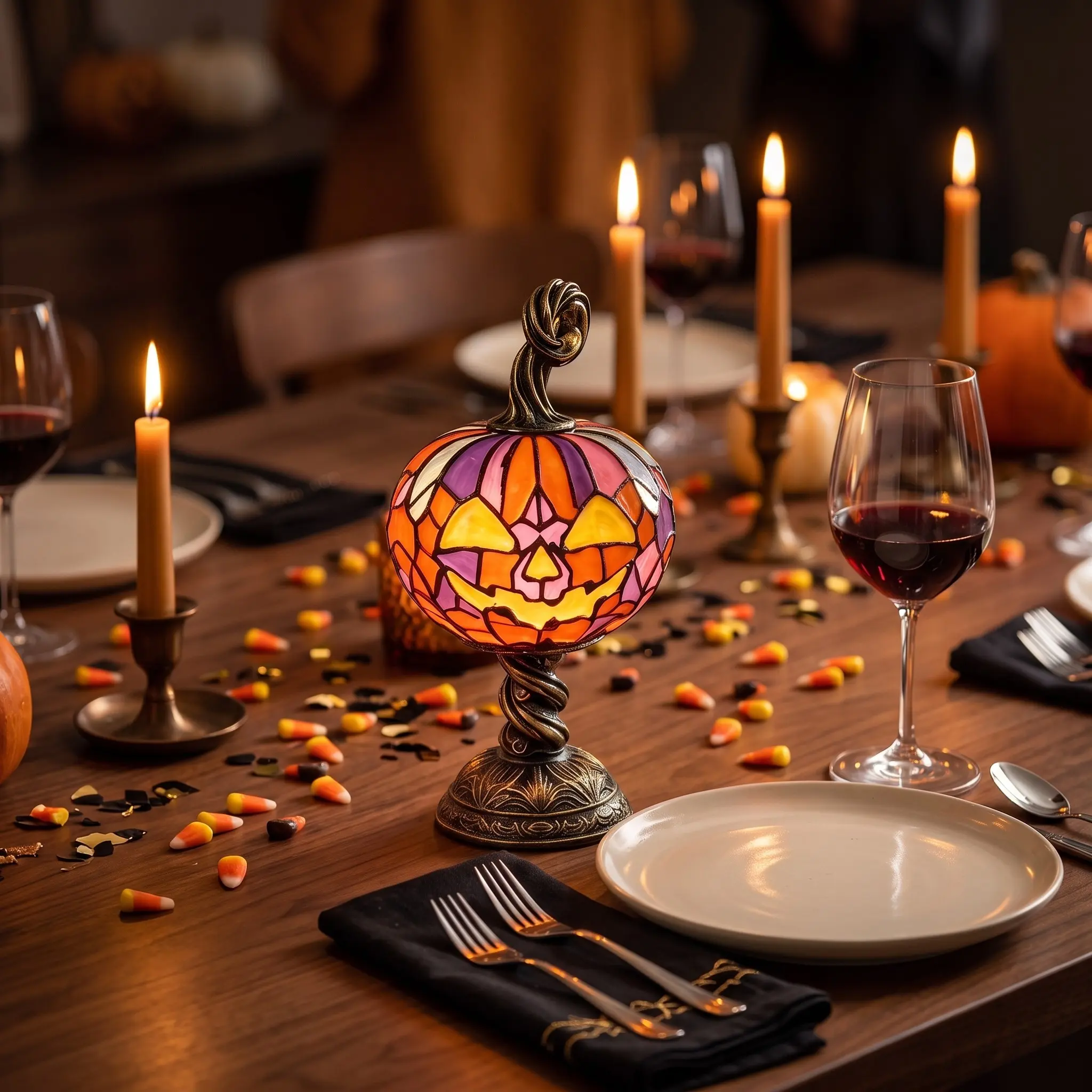 Vintage Halloween Pumpkin Lantern, USB Warm Light Night Lamp, Swirl Stand, Artistic Eerie Centerpiece for Dining Room, Living Room, Party Tables