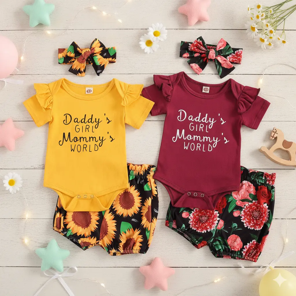 Adorable Baby Girl Summer Outfit Set - Ruffle Romper, Floral Shorts & Headband - Short Sleeve Letter Printed Romper Tops + Sunflower Shorts + Headband Sets