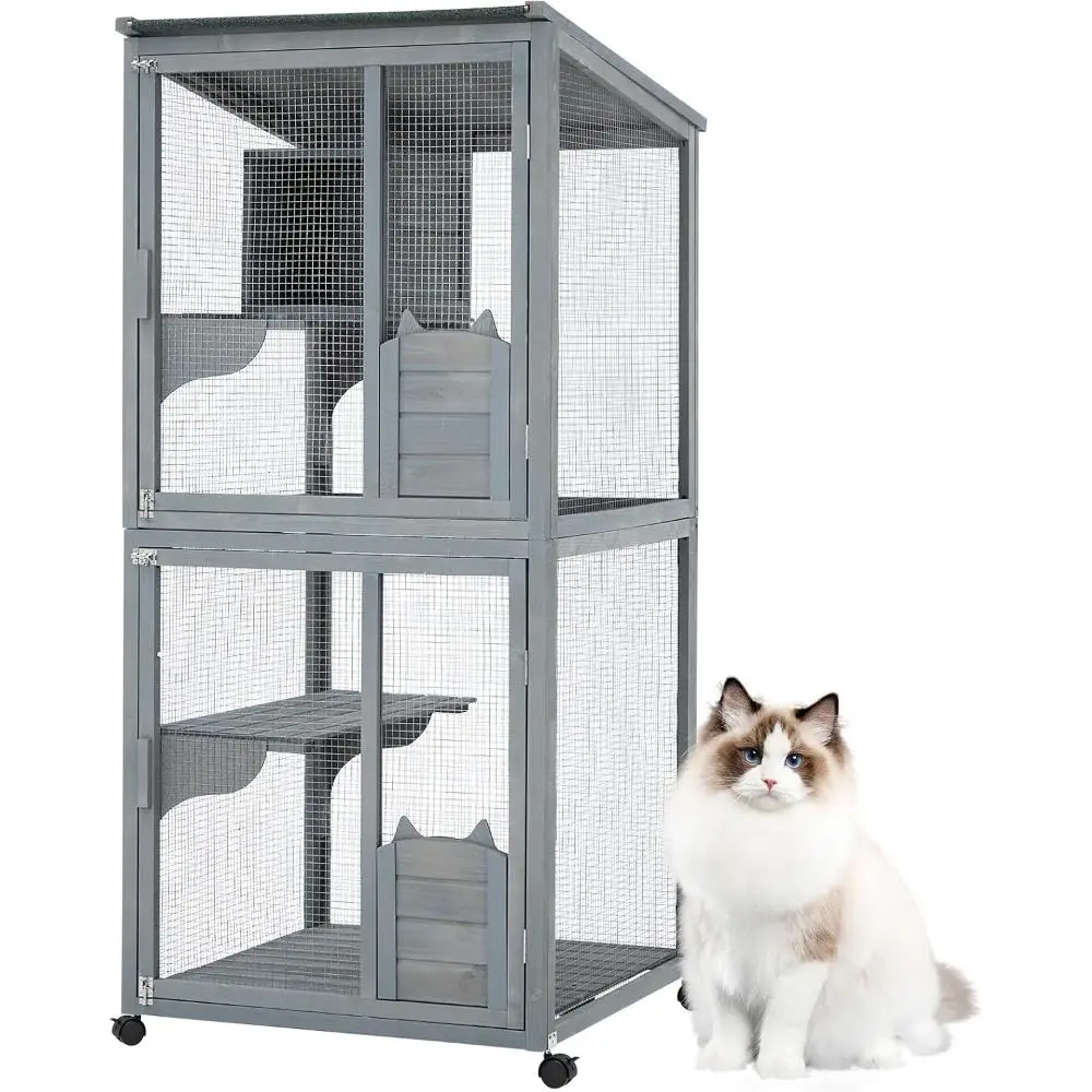 Grey 4-Tier Fir Wood Steel Cat Enclosure, 69in Large Catio with Wooden Cabin, Weatherproof Roof, Lockable Casters, Spacious for Multi-Cat Families, Outdoor/Indoor Use