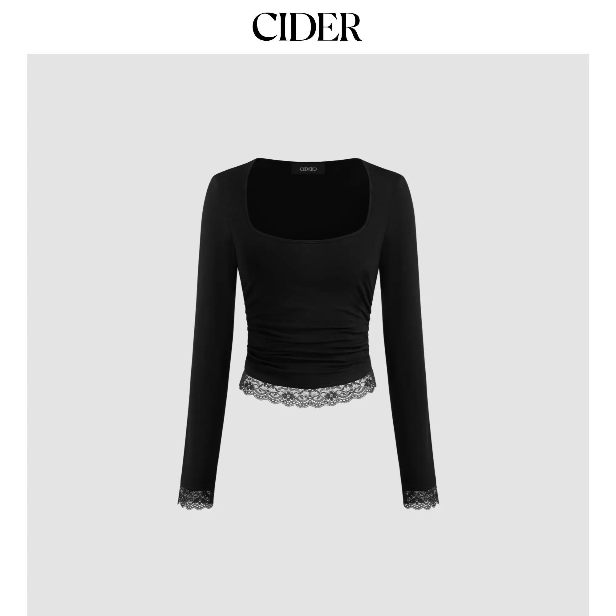 Cider [size 2-10] Square Neck Solid Lace Trim Ruched Long Sleeve Tee SummerWins SummerFinds
