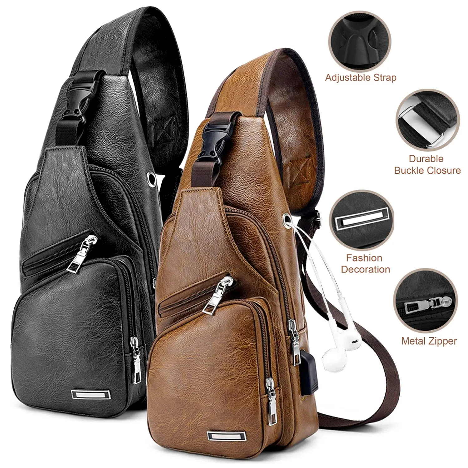 Vintage PU Leather Chest Sling Backpack for Men Outdoor Sports Travel Walking Hiking Adjustable Strap Multi Zipper Pocket Crossbody Shoulder Fanny Pack