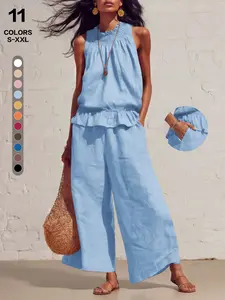 Women Linen Two Piece Set, Casual Vacation, Comfortable and Stylish, Perfect for Relaxing Days, Ideal for Travel and Leisure