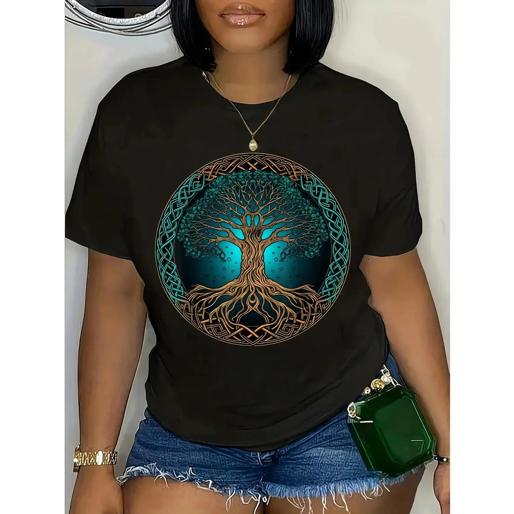 Men's Casual Short-Sleeve Round Neck T-Shirt, Lightweight Viking Yggdrasil Myths Knot Nordic Tree of Life Design, Machine Washable, Shortsleeve, True Size, Fitted