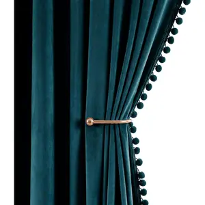 Teal  Curtains with Pompoms, Soft Room Darkening Thermal Insulated UV Blocking Drapes for Bedroom & , Cozy Aesthetic Luxurious Window Panels Room Makeover, 52"W x 96"L, 2 Panels