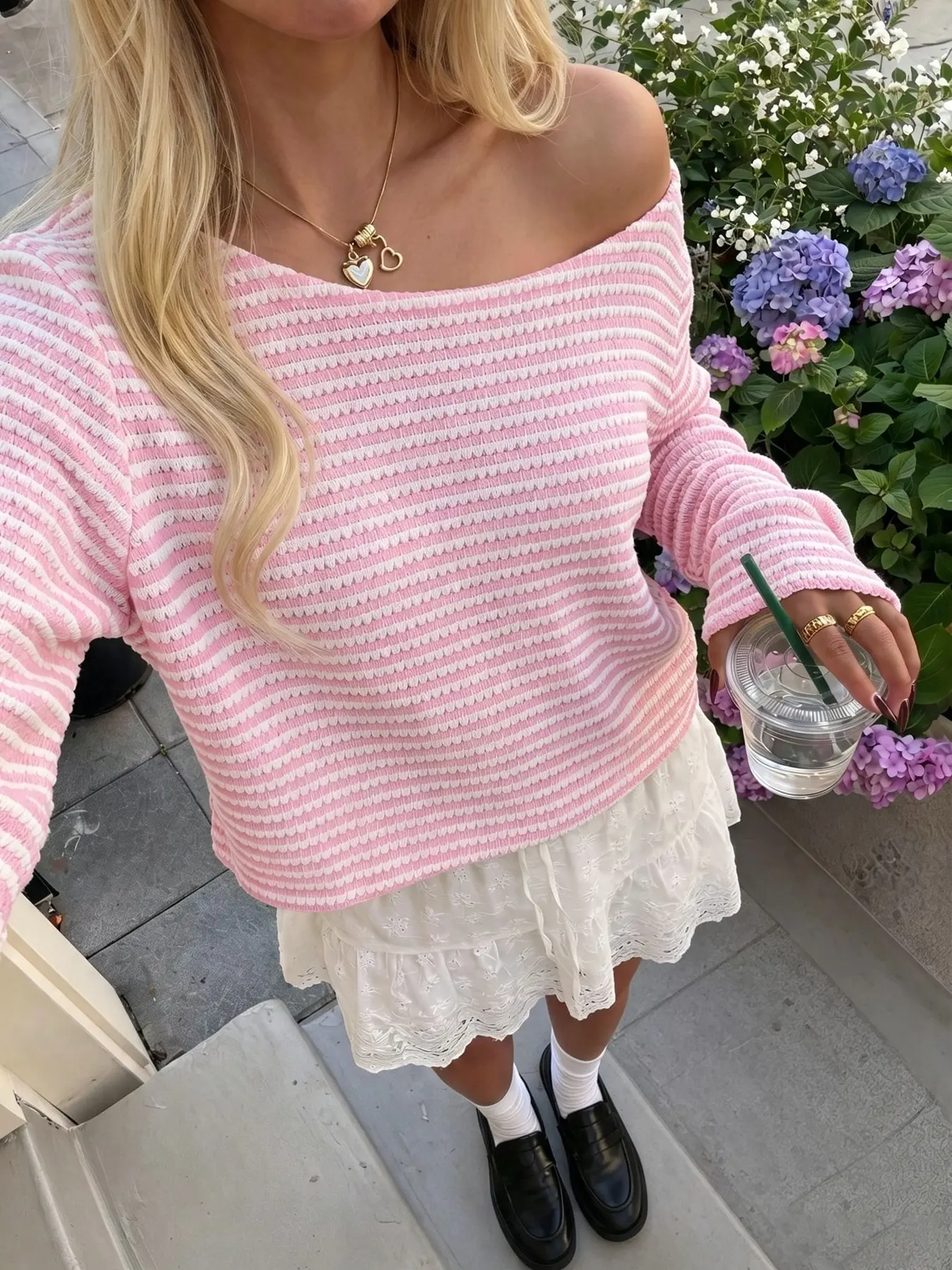 Women Preppy Off‑Shoulder Textured Knit Crop Top, Pink‑White Striped Boat‑Neck Long‑Sleeve Cropped Sweater, Sweet Textured Knit Blouse For Dating Vacation Daily Casual Street Outfits