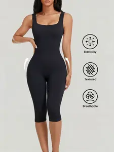 1/2PCS Women's Yoga Capri Jumpsuit Square Neck Backless Tummy Control Butt Lifting, Workout Shorts Romper Seamless Ribbed Sleeveless Unitard for Gym Sports