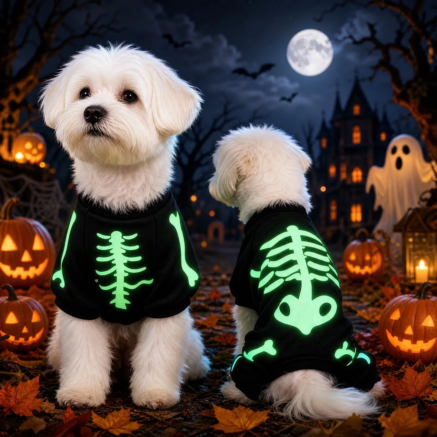 Glow in the Dark Skeleton Dog Costume Halloween Pajamas, Luminous Bone Print Four-Leg Jumpsuit for Small Medium Dogs & Cats, Soft Milk Silk Pet Sweatshirt Outfit, Cozy Breathable Puppy Clothes for Night Walks, Halloween Party, Trick or Treat & Holiday Pho
