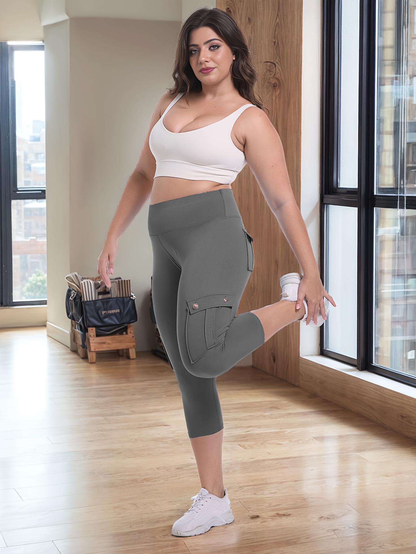 [2pcs High Waist Yoga Pants] JEGGE 2pcs High Waist Yoga Capri Pants Set, 4-Way Stretch Butt Lifting Tummy Control, Spandex Material, 4 Button Pockets, Solid Color, Three-Quarter Length, Sports Style for Workout Running, Spring/Summer Collection, Workout L