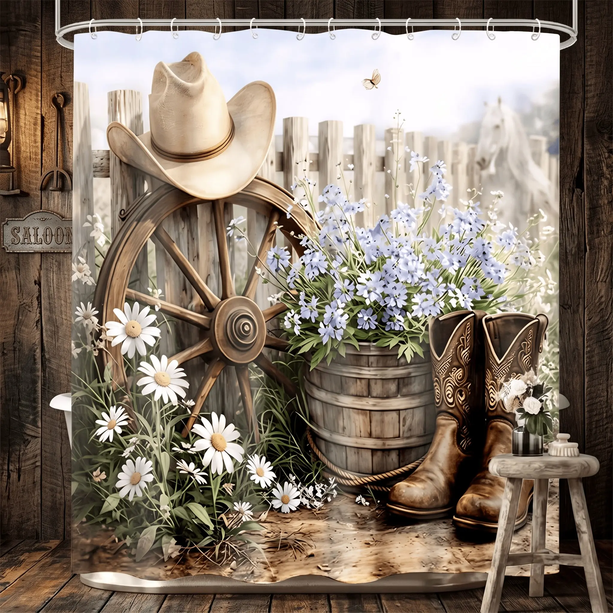 1pcs Rustic Western Cowboy Shower Curtain, Vintage Wooden Wheel & Cowgirl Boots, Lavender Flowers & Daisies, Farmhouse Bath Decor, Fabric Bathroom Accessory