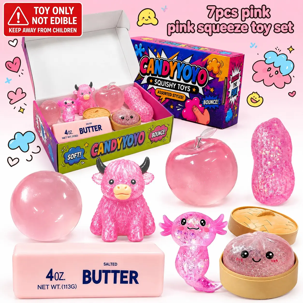 7 Pack Pink Series Glitter Squeeze Stress Relief Toys, Soft Portable Sensory Fidget Balls, Apple Round Ball Flash Cow Butter Stick Bun Salamander Peanuts  Squishy Toys, Ideal Birthday & Party Gifts for Kids Adults Anxiety Relief
