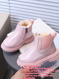 Toddler Girl Glitter Ankle Boots, Winter Warm Faux Fur Lined Snow Boots, Side Zipper Footwear, Cute Winter Boot