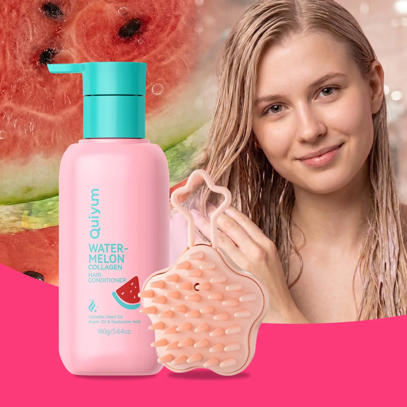 QUIYUM 5.64oz Watermelon Hair Conditioner, Nourishing Collagen Cream with Camellia Seed Oil & Shea Butter, Non-Greasy Anti-Frizz Smoothing Formula for All Hair Types, Refreshing Fruit Scent
