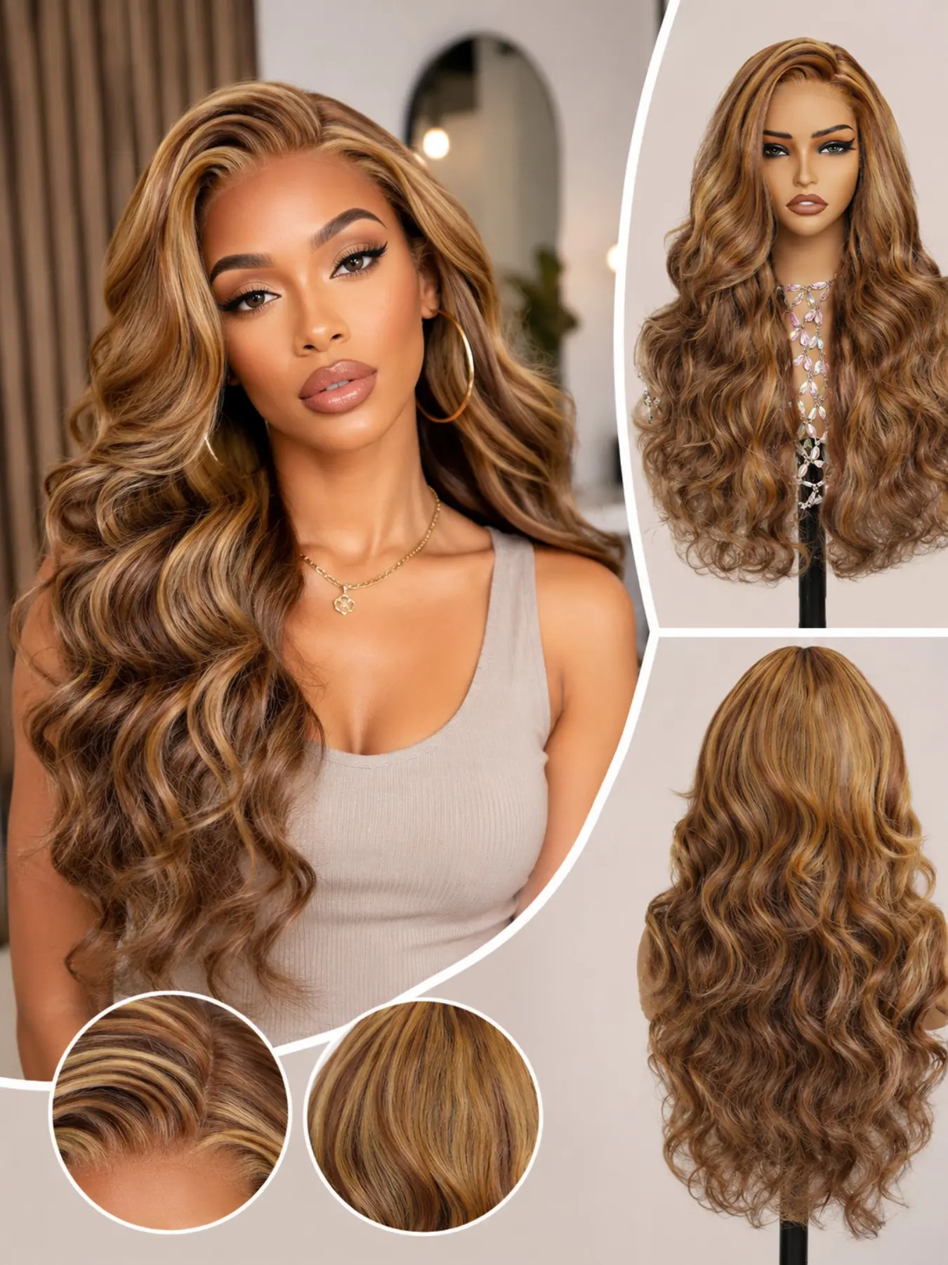 24 Inch 6X4 Glueless HD Lace Front Wig Body Wave Hair Synthetic Pre Plucked Pre Cut Lace Wigs for Women Brown and Honey Blonde Highlight Perfect for Daily Parties Holidays Pre Styled Wig
