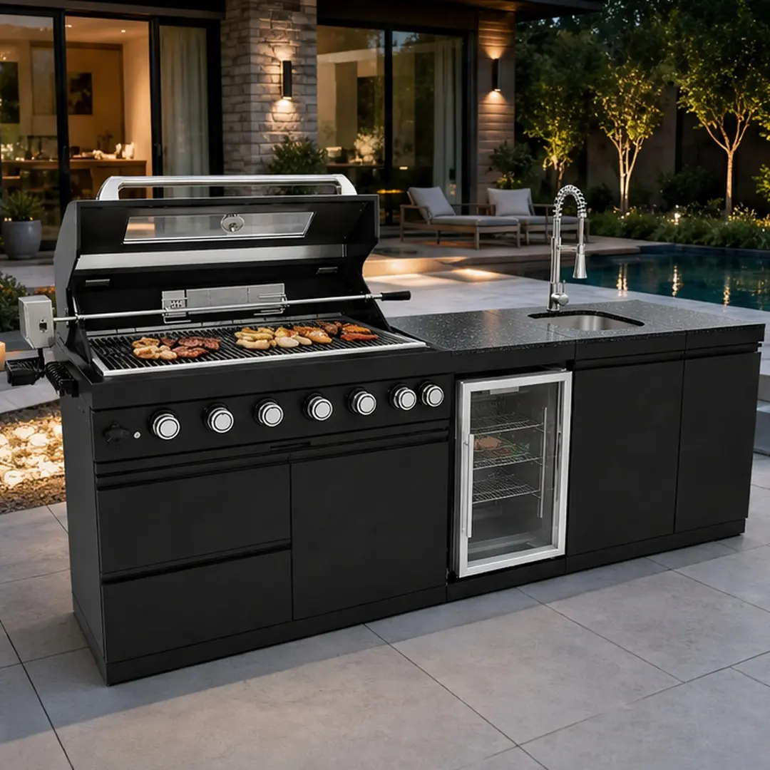 Outdoor Kitchen Island, 101-Inch Traditional Black Stainless Steel Modular Grill with Granite Countertops, 6-Burner Gas Grill, Refrigerator, Sink & Rotisserie Kit, Kitchenware, Grilling Set