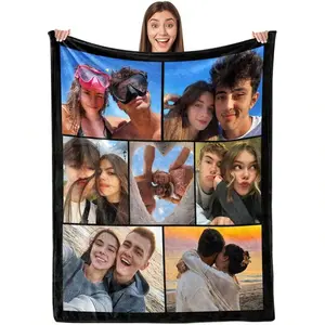 Customized 7-Photo Couple Flannel Throw Blanket, Irregular Black Frame, No-Words Minimalist Durable Soft Cozy Warm Cover, Commemorative Valentine Gift for Partners, Sentimental Keepsake Couch Bedroom Decor
