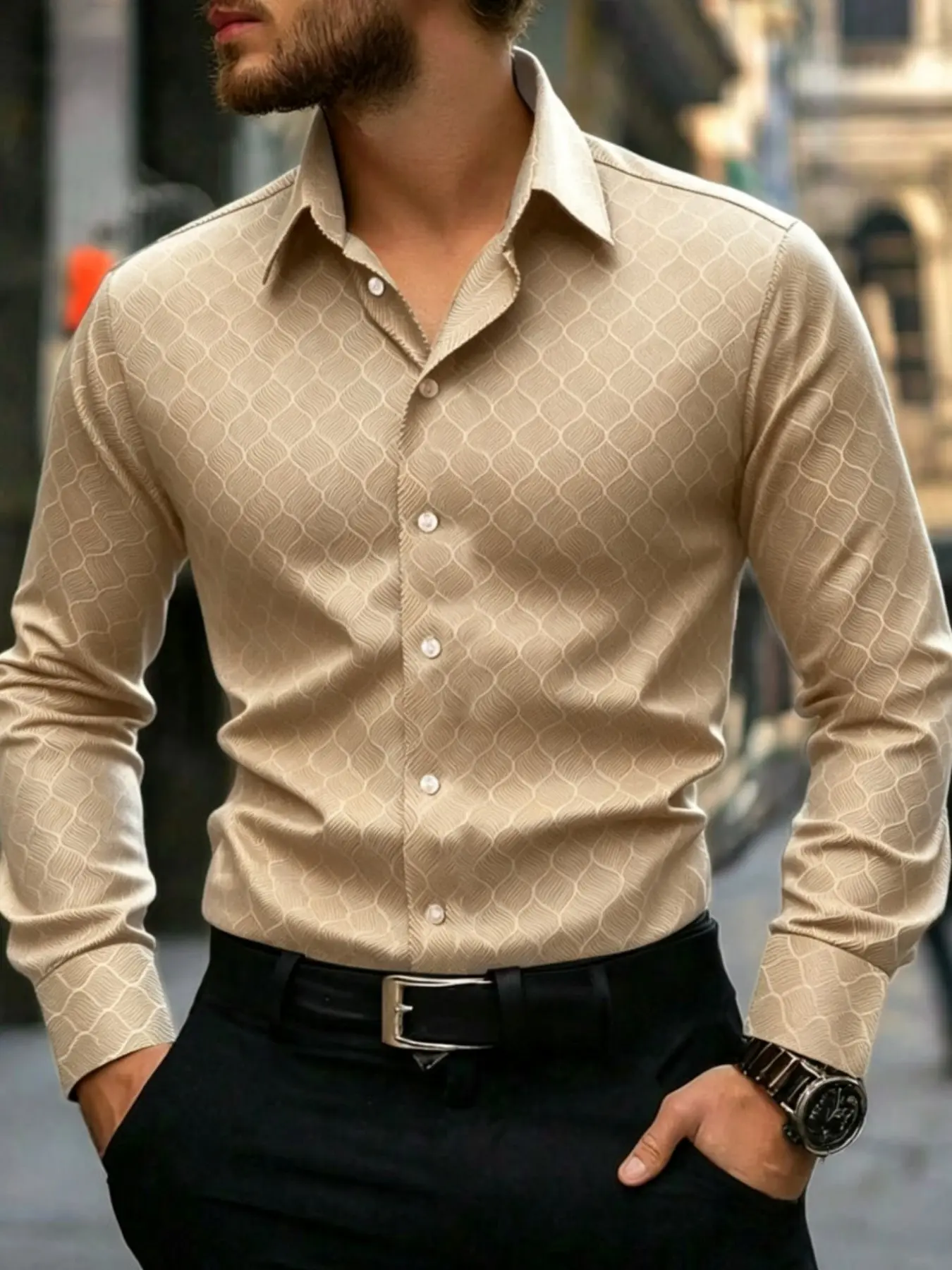 Vintage Floral Baroque Men's Long Sleeve Shirt, Retro Style Slim-Fitting Top, All Seasons Unlined Clothing, Full Placket Design