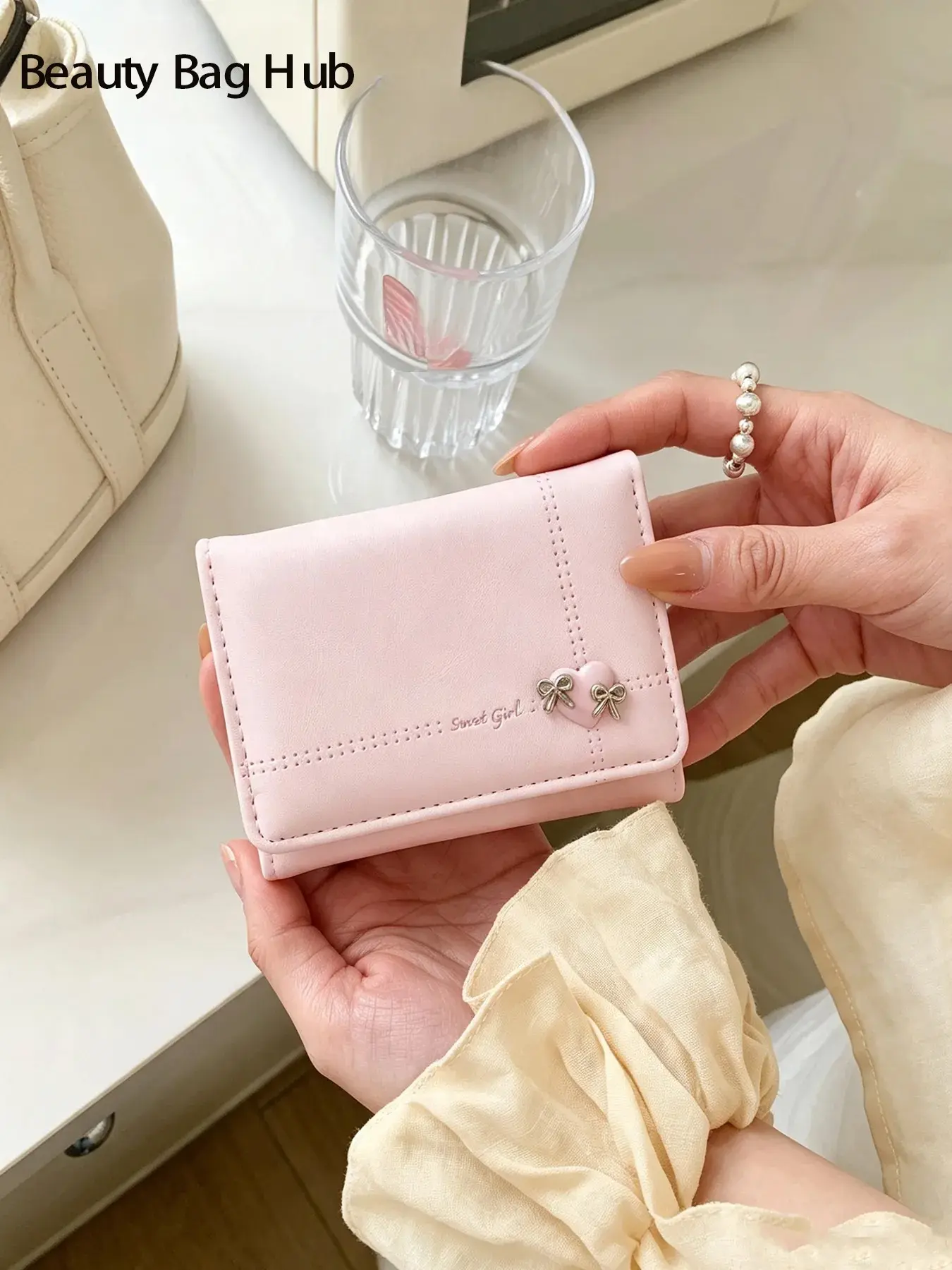 Women's Pink Trifold Wallet, Mini Card Purse Decorated with Heart & Double Bow Metal Accent, Compact Cash and Card Storage Holder