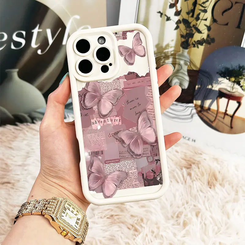 Pink Butterfly Collage Phone Case, Vintage Journal Aesthetic Style for iPhone 17 16 15 14 13 12 11 X Plus Pro Max, Shockproof Cute Gift