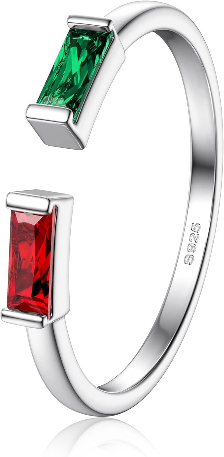 S925 Sterling Silver Birthstone Rings for Women Non Tarnish Dainty Stackable Rings Adjustable Emerald Green Gemstone Baguette CZ Wedding Engagement Promise Ring for Her Birthday Jewelry Gifts