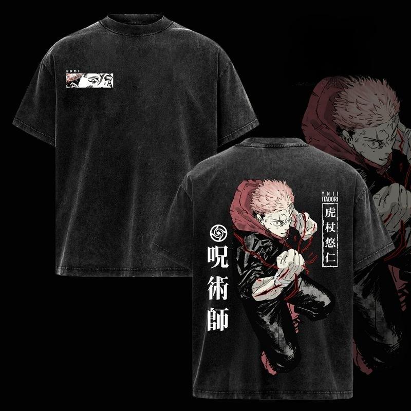 Jujutsu Kaisen Itadori Yuji Execution Arc Vintage Washed Oversized Graphic T Shirt Soft Cotton Anime Tee Unisex Streetwear Fashion Short Sleeve Crewneck Casual Top Cursed Energy Design Trendy Outfit Comfortable Breathable Daily Wear Gift for Anime Fans