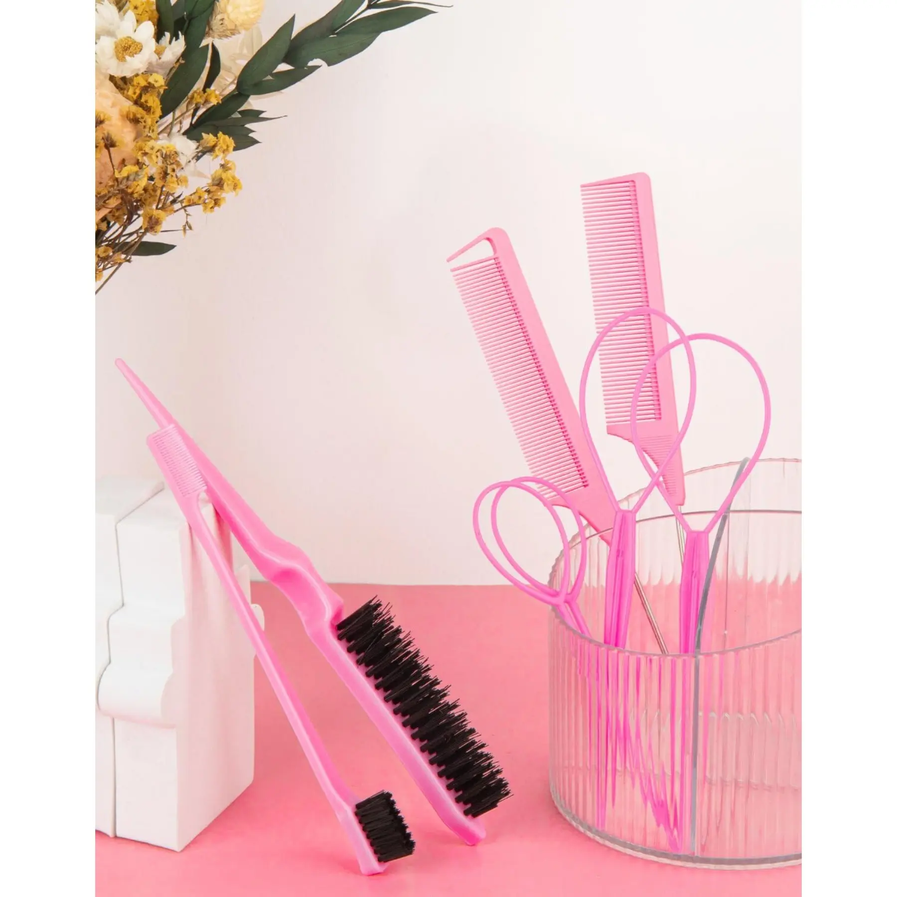 8Pcs pink professional hair styling tools set includes rat tail combs, double-sided edge brushes & topsy tail hair loop braiders. Perfect for DIY braids, hair parting, ideal for salon, home use and beginner hairstylists to create neat hairstyles easily.