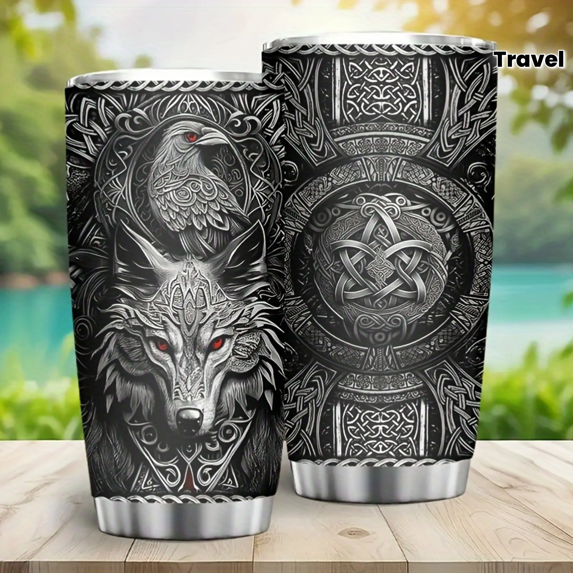 20oz Viking Themed Stainless Steel Travel Tumbler Flask - Wolf & Celtic Knot Pattern, Double Wall Insulated, Heat Resistant, 500-1000 ml, Reusable Kitchen Drinkware, Hand Wash Only, Ideal Gift for Adults, Tumbler Aesthetic Vacuum Flasks